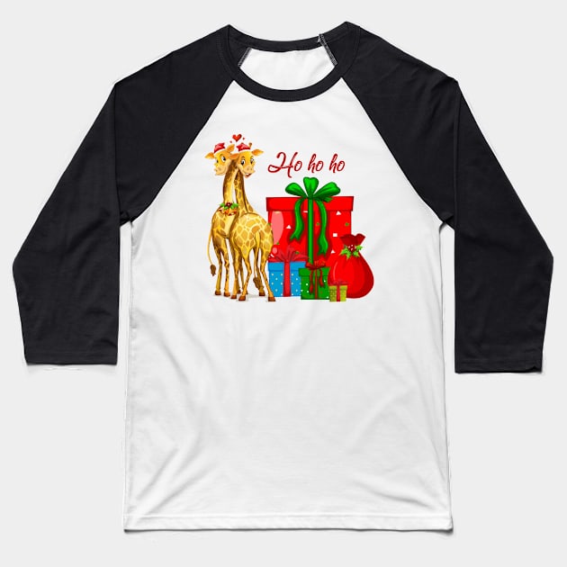 Christmas Giraffes Ho Ho Ho Baseball T-Shirt by IconicTee